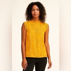Love University Golden Mustard Yellow Lace High Neck Sleeveless Blouse